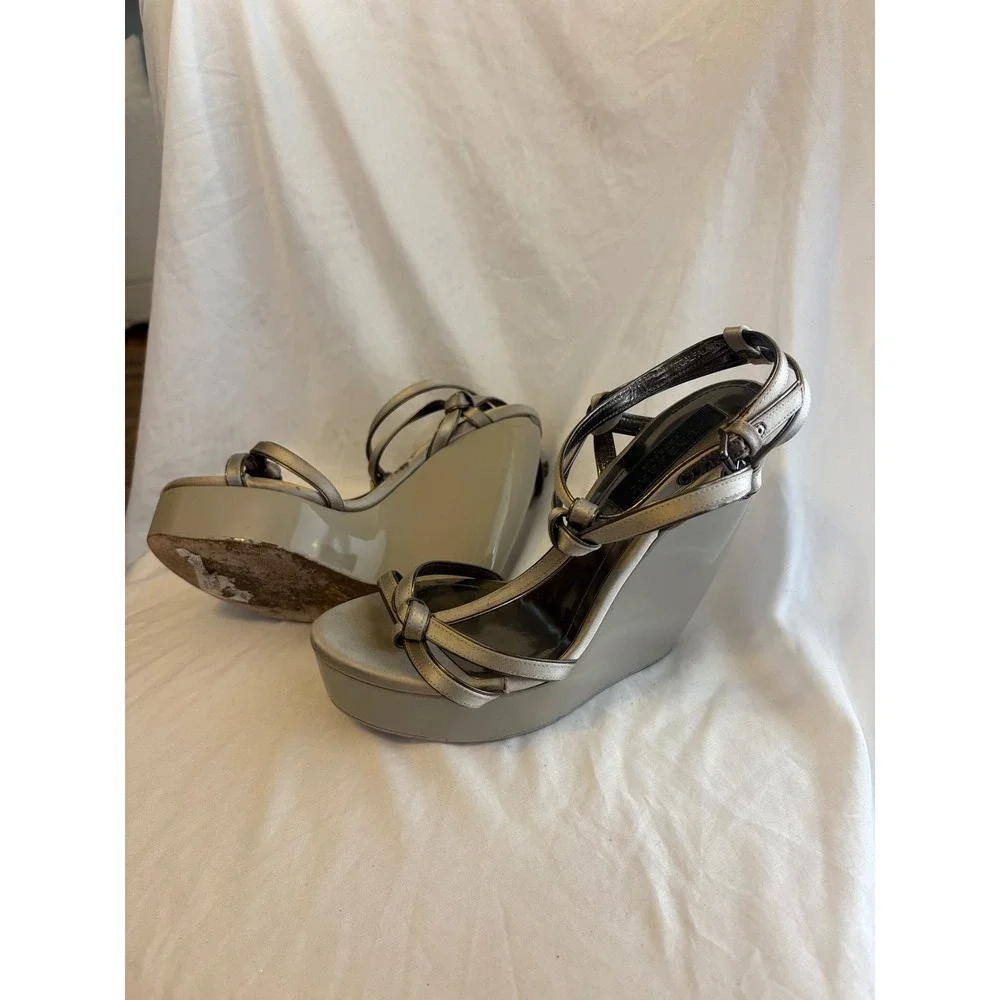 Burberry Prorsum Metallic Silver Strappy Wedge Sandals Platform Grey